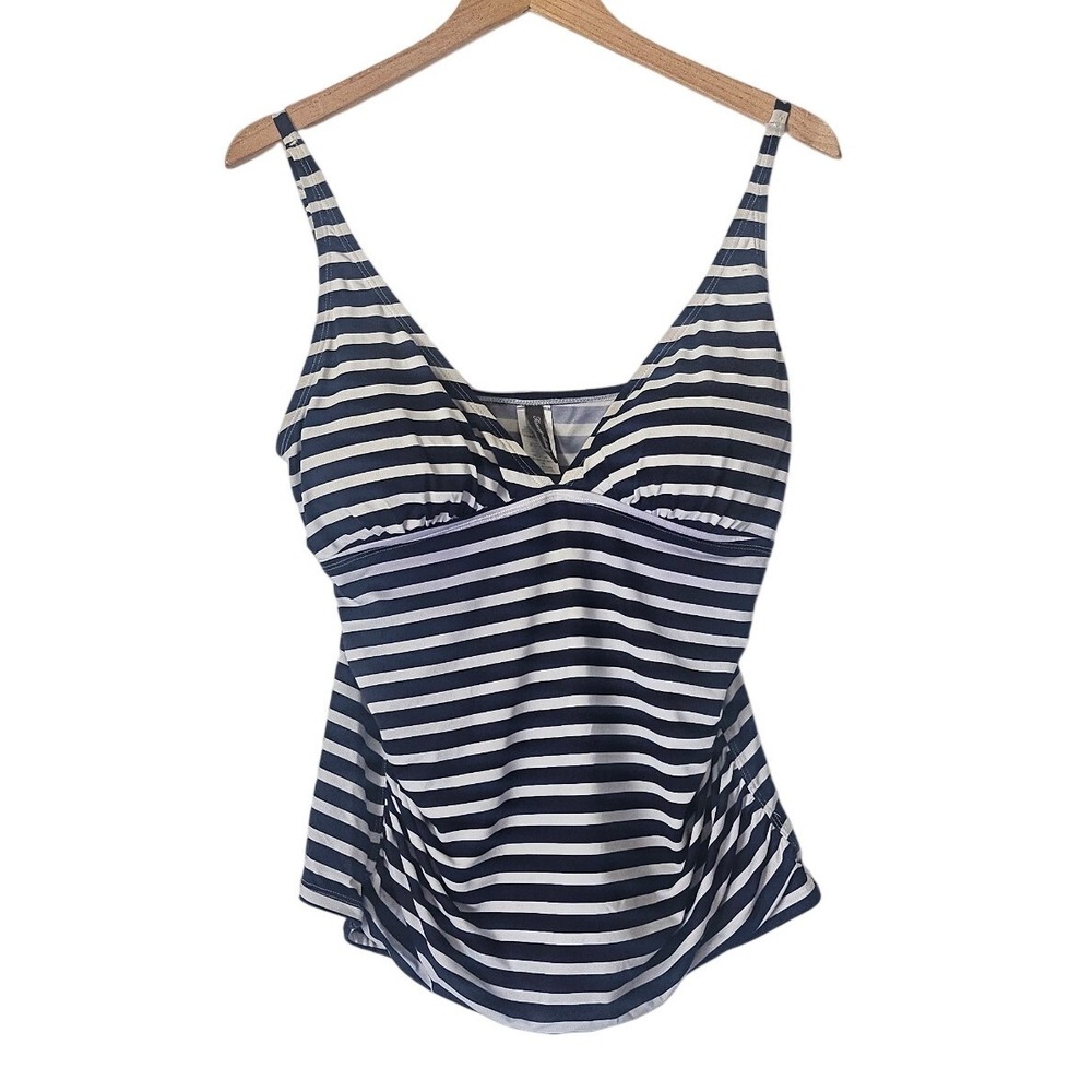 Tommy Bahama Tankini Swim Top L Navy White Stripe V Neck Ruched Swimwear Preppy